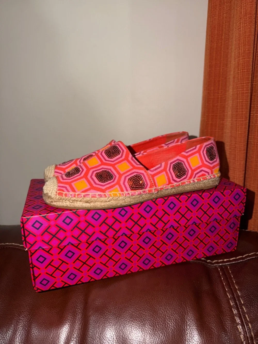 ‼️Tory Burch Cecily Embellished Espadrilles Flats geometric print with sequins